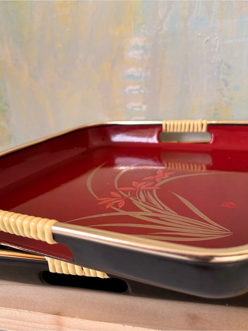 Vintage 1980s Lacquerware-Style Black and Red Floral Peacock Vanity Trays